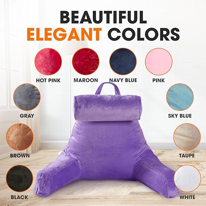 Cheer Collection Reading Pillow Chair - Chair Pillow with Arms and Detachable Neck Bolster for Bed & Couch - Machine Washable, Purple