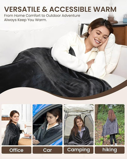 Cordless Heated Blanket with Hood, USB Battery Powered Heated Wearable Blanket with 9 Heating Zones, 20000 mAh Power Bank, 3 Levels, Portable Heated Throw Blanket, Heated Shawl