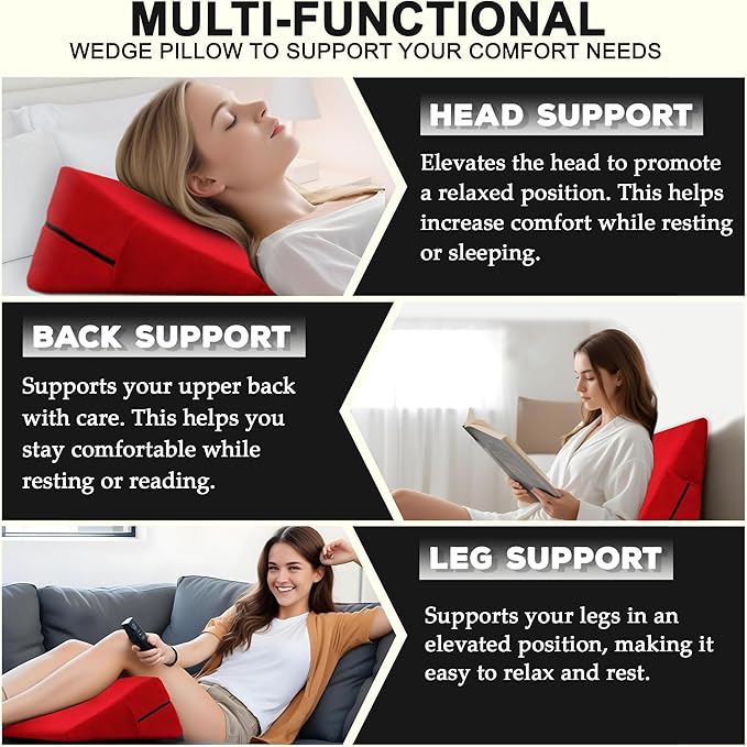 sokoro Bed Wedge Pillow for Sleeping, Triangle Pillow Wedge, Acid Reflux, Gerd, After Surgery, Back Support, Body Positioners for Pregnancy, Adults, Seniors to Elevate Head, Knee, Leg, Red