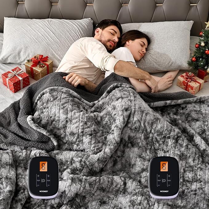 WOOMER Heated Blanket King Size, Dual Control, Electric Blanket 90"x 100", Double-Sided Faux Fur&Sherpa, Overheat Protection, 10 Heating Levels & 12H Auto Off, CPF, Home Office
