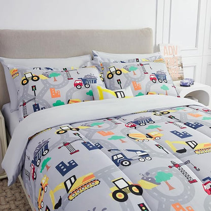 Mooreeke Kids Full Comforter Sets for Boys 8 Pieces Excavator Grey Bedding Set for Teens Soft Microfiber Kids Bed in A Bag with Comforter, Sheet Set, Shams and Decorative Toy Pillow All Season