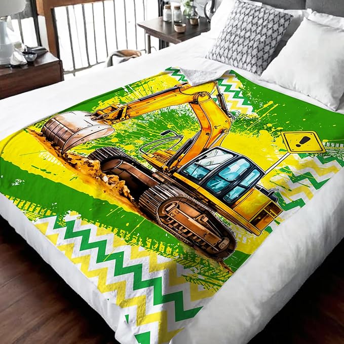 Blanket for Boys, Excavator Throw Blanket Gifts for Kids Teens, 50"x60" Cool Flannel Construction Blankets Gift for Son Cars Lovers Lightweight Throws for Couch Sofa Bed Decor
