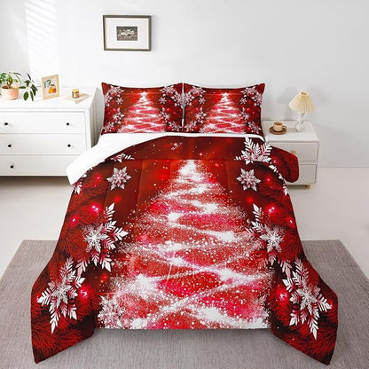 Feelyou Christmas Tree Comforter Set for Children Kids Boys Girls Luxury Chic Xmas Theme Bedding Set Glitter Snowflake Star Comforter Microfiber Red Duvet Set Room Decor Quilt Set Full Size