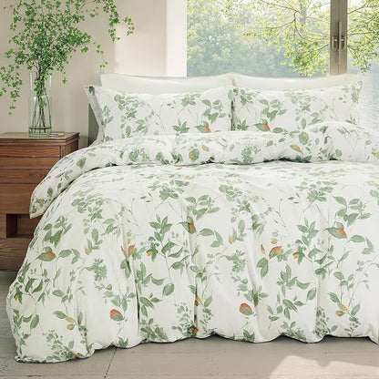 Floral Duvet Cover King Size 100% Cotton Reversible Green Floral Duvet Cover Set with Zipper Closure 3 Pcs Green Leaf Soft & Breathable Bedding Comforter Cover
