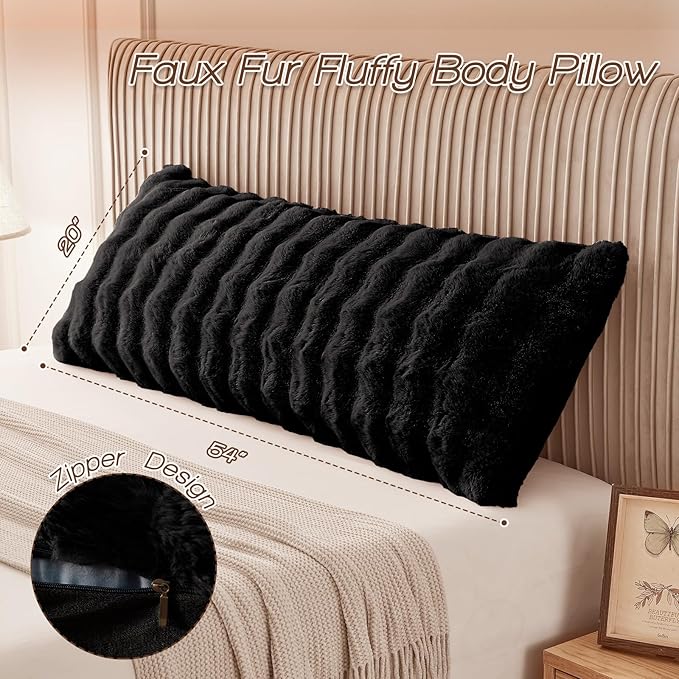 YZ HOME Faux Fur Fluffy Body Pillow for Adults - Firm Body Pillow Insert with Shredded Blue Memory Foam, Adjustable Height, Soft Support for Side Sleeping, Pregnant Women, Washable, 20x54 Inch (Black)