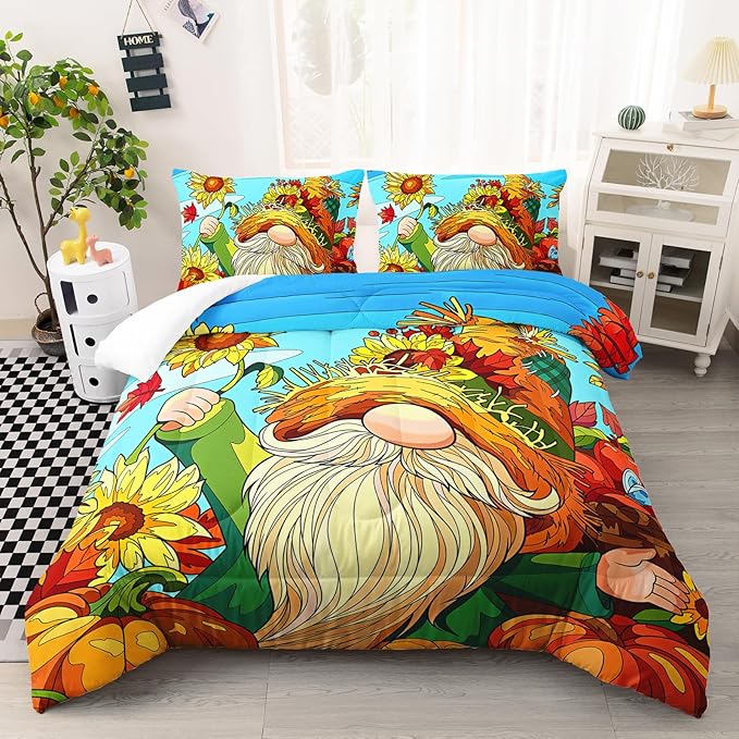 Sunflower Gnome Comforter Set Twin Size, Sunflower Bedding Set for Kids Boys Girl, Yellow Comforter for Home Room Decor