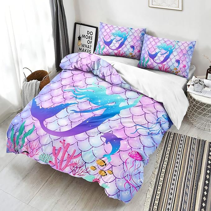 CVHOUSE Mermaid Duvet Cover King Size, Ocean Rainbow Mermaid Bedding Set for Girls Kids Teens, Beach Rainbow Comforter Cover, 1 Duvet Cover 2 Pillowcases 3 Piece