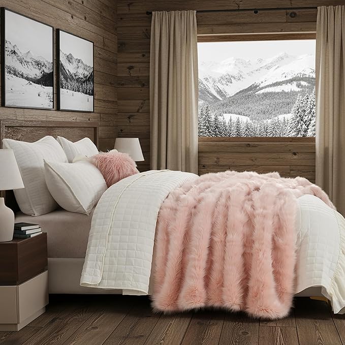 HORIMOTE HOME Pink Faux Fur Throw Blanket, Long Pile Light Pink Fur Blanket, Super Warm, Soft, Cozy, Fuzzy, Fluffy Throws for Couch Bed Sofa, Aesthetic Home Room Decor Throw, 60" x 80"