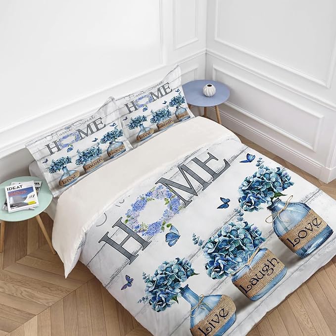 Navy Hydrangea Theme 3 Pieces Duvet Cover Comforter Set with 2 Pillowcase Full Size Blue Floral Bed Sheet Quilt Bedroom Bedding for Lover Kids