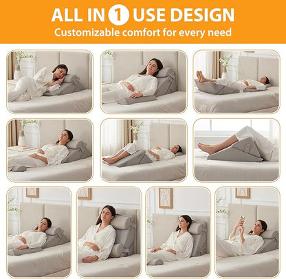 4PCS Wedge Pillow Set for After Surgery, Adjustable 9&12 Inch Bed Wedge Pillow for Sleeping, Incline Pillow Wedge for Headboard, Post Surgery, Acid Reflux, Neck&Back Support, Grey