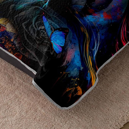 HOSIMA Art Horse King Size Bedding Set,Wildlife Colorful Horse Print Black Quilt Aesthetic Room Decor,Multicolor Butterfly Pattern Lightweight Quilt,Animal Bedding with 2 Pillowcases.