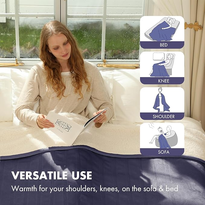 Heated Blanket Throw 50" x 60" - Soft Flannel Sherpa Electric Blanket Throw with 5 Heating Levels & 4 Hours Auto Off, Machine Washable, Ideal Gift for Grandma (Purple)