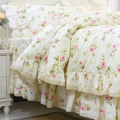 FADFAY Rosette Floral Print Duvet Cover Set Princess Lace Ruffle Bedding Set for Girls 3 Pieces California King Size
