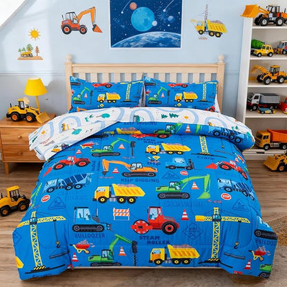 Holawakaka Trucks Excavator Cars Boy Bedding Comforter Set with Sheets, Full Size Cartoon Construction Car Tractor Print Kids Bed in A Bag 5-Piece, Boys Reversible Dorm Bed Sets (Blue Full)