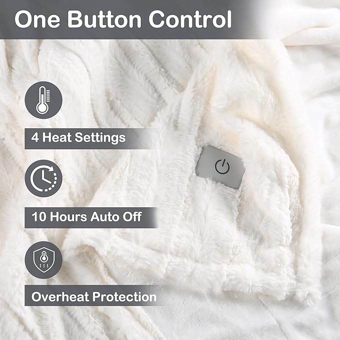 Electric Heated Blanket Throw Size 50" x 60", Super Cozy Warmth Soft with 4 Heating Levels & 10 Hours Auto Off, Plush Faux Fur, Machine Washable, Home Office Use, Striped White