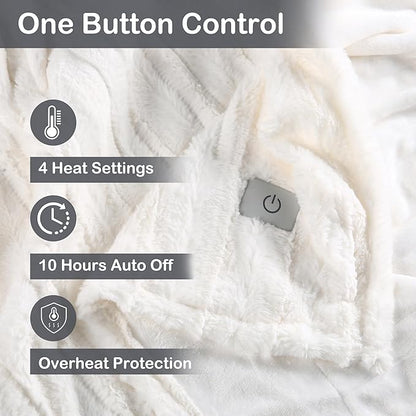 Electric Heated Blanket Throw Size 50" x 60", Super Cozy Warmth Soft with 4 Heating Levels & 10 Hours Auto Off, Plush Faux Fur, Machine Washable, Home Office Use, Striped White