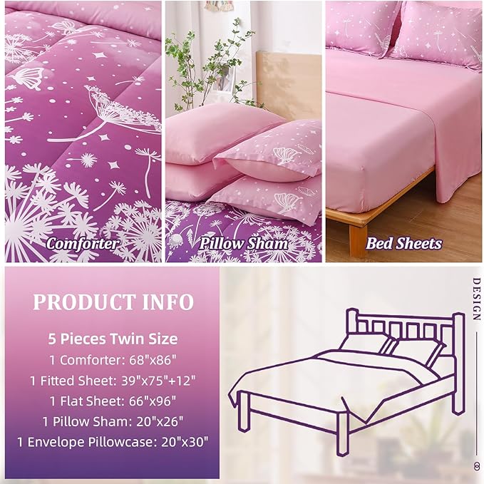 Menghomeus Girls Comforter Set Twin Size 5 Pieces Bed in A Bag Ombre Pink Purple Rainbow Bedding Set Dandelion Butterfly Print Kids Bedding Collections