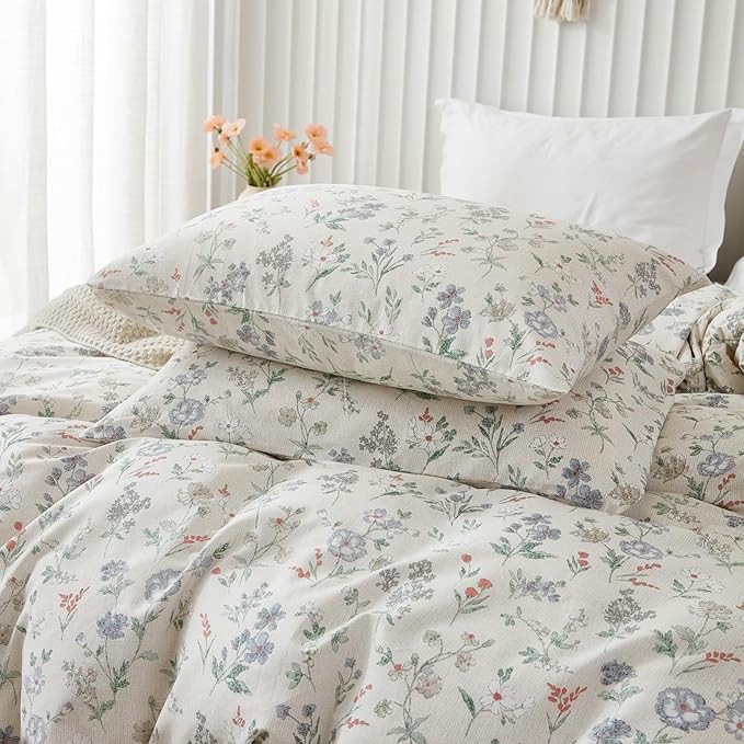 Floral Duvet Cover Set Queen Size 100% Cotton Green Floral Comforter Cover 3 Pcs Lightweight Soft Aesthetic Floral Bedding Sets