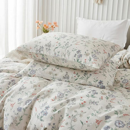 Floral Duvet Cover Set Queen Size 100% Cotton Green Floral Comforter Cover 3 Pcs Lightweight Soft Aesthetic Floral Bedding Sets