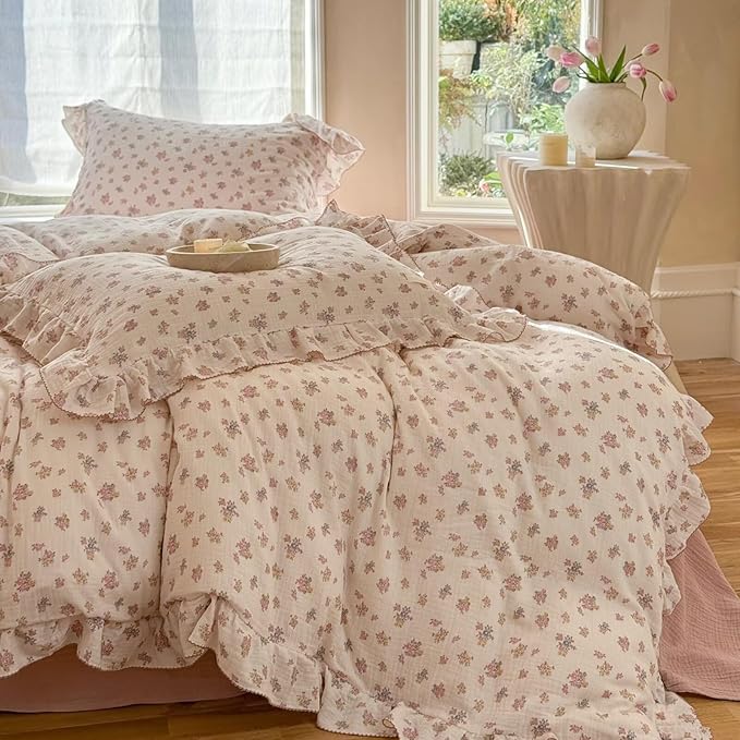 BuLuTu Girls Floral Duvet Cover Set Full, Pink Tuberose Print Quilt Cover for Kids Toddler Teens, Soft Breathable Muslin Cotton Comforter Cover for All Seasons, Zipper & Corner Ties