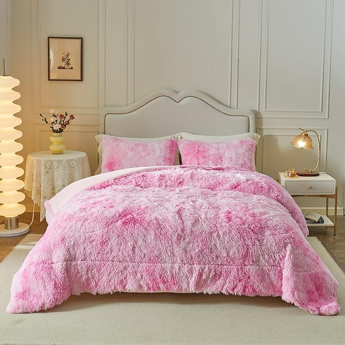 Wajade Faux Fur Plush Pink Comforter Set Fluffy Fuzzy Shaggy Bedding Set - 3PC Full/Queen Microfiber Soft Warm Quilt Set
