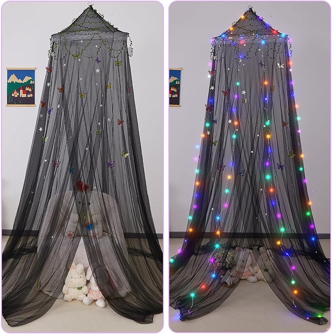 FIOBEE Bed Canopy for Girls Room Bed Canopy Curtains with Led Lights Mosquito Net DIY Princess Room Décor with Stars Butterflies for Kids Bedroom, Black