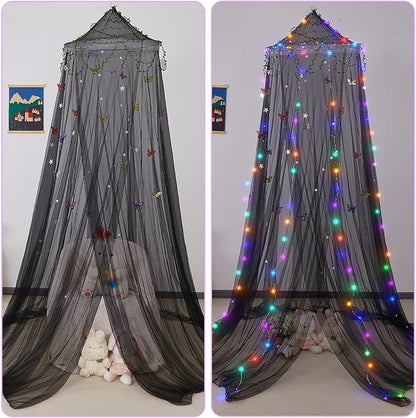 FIOBEE Bed Canopy for Girls Room Bed Canopy Curtains with Led Lights Mosquito Net DIY Princess Room Décor with Stars Butterflies for Kids Bedroom, Black