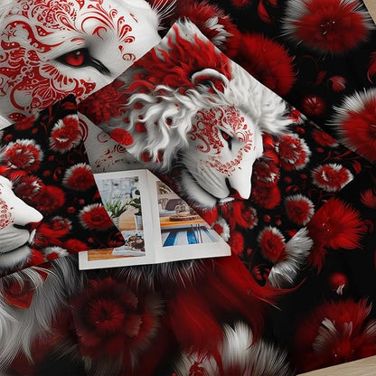 Red and Black Lion Full Size Comforter Set for Men，Full Size Quilt Bedding Set Floral，Wild Animal Print Comforter Set，with 1 Comforter with 2 Pillow Case