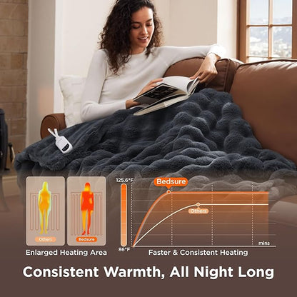 Bedsure Fluffy Bubble Faux Fur Heated Blanket Throw - Super Soft Electric Blanket, Heating with 6 Heating Levels, 4 Time Settings, 3-Hour Auto-Off, Decor Gifts for Home, Grey, 50x60 inches