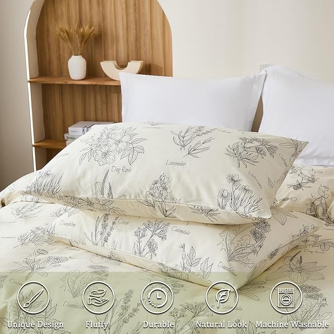 Cozeline 100% Cotton Duvet Cover King Size, Vintage Design with Luxrious Black Sketched Flowers & Leaves on Cream, 3 Pcs Breathable and Soft Duvet Cover for All Season