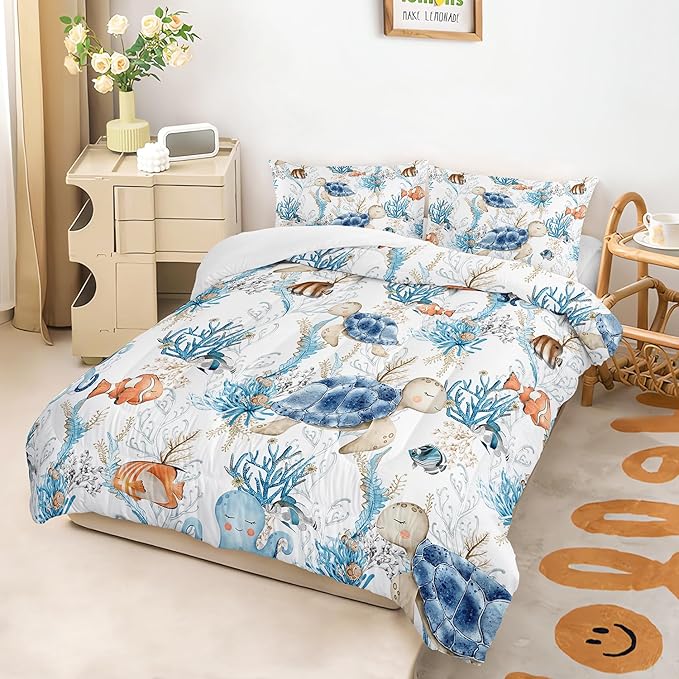 Blue Sea Turtle Themed Comforter 3Pcs Full Wild Ocean Animal Tortoise Fish Bedding Set for Kid Teen Girl Boy Adult Coral Clownfish Octopus Quilt Bed Decor with 1 Comforter and 2 Pillowcases