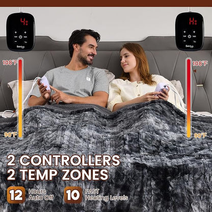 Bearhug Electric Blanket King Size 100"x 90", Dual Controllers Heated Blanket, Reversible Faux Fur & Sherpa, Over-Heat Protect, 10 Heating Levels, ETL, Machine Washable