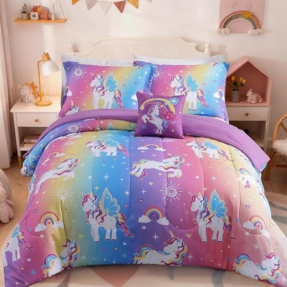 Twin Comforter Set for Girls -3 Pieces Rainbow Unicorn Twin/Twin XL Bedding Set with 1 Comforter, 1 Decor Pillow, 1 Pillow Sham