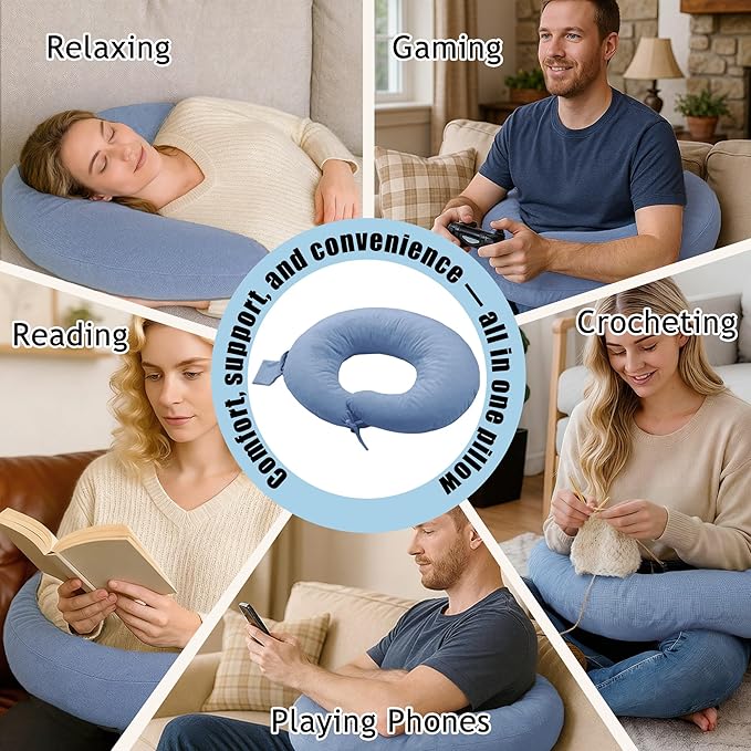 XWZO Reading Pillow for Gaming, Crocheting or Playing with Strong Arm Support, Gaming Pillow for Arm Rest When Sitting in Bed & Sofa, Lap Pillow Swen with Tiebacks and Side Pocket, Blue