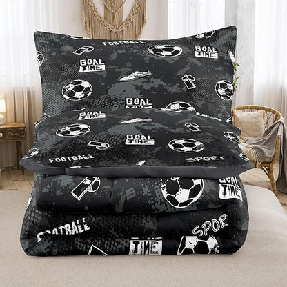 Peopleareok Soccer Bedding Set Full (79x90 Inch), Black Soccer Theme Comforter, 2 Pieces Soft Microfiber Football Bedding Set for Boys Kids with 1 Pillowcases