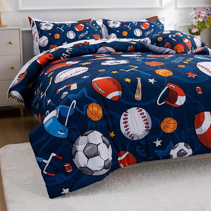 A Nice Night 6Pcs Bed in A Bag Queen Sports Microfiber Modern Comforter Set,Navy Rugby Ball Printed Bedding Collections,for Boys Kids Teen