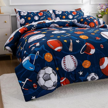 A Nice Night 6Pcs Bed in A Bag Queen Sports Microfiber Modern Comforter Set,Navy Rugby Ball Printed Bedding Collections,for Boys Kids Teen