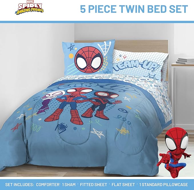 Jay Franco Kids Comforter Set Includes Sheets and Pillow Covers - Soft and Cozy Bed Set for Stylish Room Decor, Light Blue - Spidey & His Amazing Friends, 5 Piece Twin Bedding