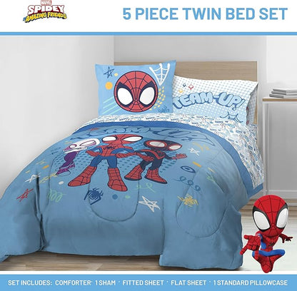 Jay Franco Kids Comforter Set Includes Sheets and Pillow Covers - Soft and Cozy Bed Set for Stylish Room Decor, Light Blue - Spidey & His Amazing Friends, 5 Piece Twin Bedding
