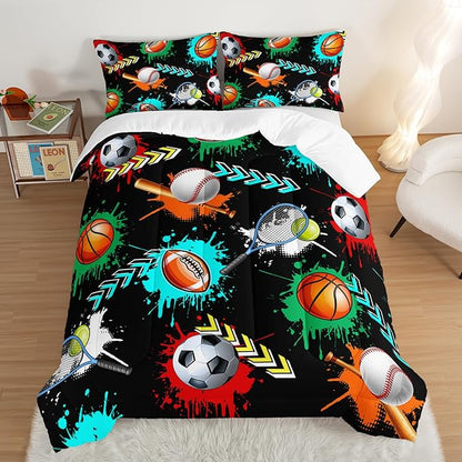 Kids Sports Balls Bedding Twin Comforter Set for Boys,Black Football Basketball Baseball Print Comforter Set for Kids Bedroom Decorate,Sports Themed Bedding Comforter Set with 2 Pillowcases.