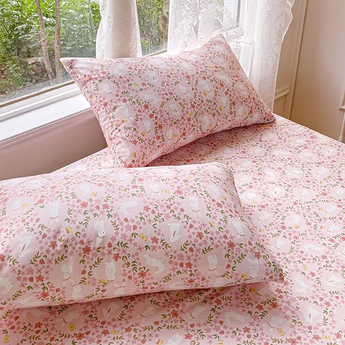 BuLuTu 100% Cotton Kids Girls Duvet Cover Queen Cute Rabbit Floral Bedding Duvet Cover Set for Child Teens Cartoon Bunny Pink Comforter Cover with 2 Pillow Shams Bedroom Decor Bed Sets 3 Pc, Zipped