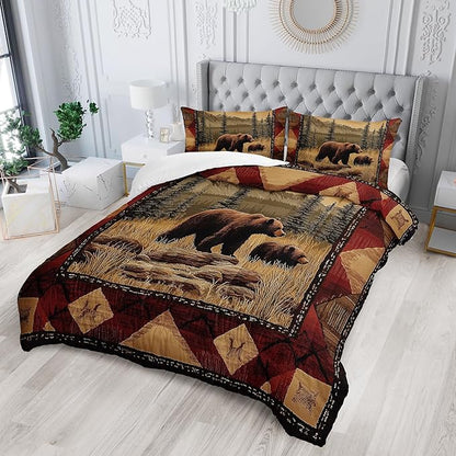 Rustic Bear Wild Hunt Animal Comforter 3Pcs Full Natural Forest Wildlife Brown Bear Bedding Set for Kid Teen Boy Girl Adult Retro Mountain Lake Quilt Decor with 1 Comforter and 2 Pillowcases