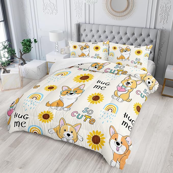 Kawaii Cartoon Corgi Dog Animal Themed Comforter 3Pcs Twin Yellow Sunflower Rainbow Bedding Set for Kid Teen Girl Boy Adult So Cute Pet Dog Quilt Bed Decor with 1 Comforter and 2 Pillowcases
