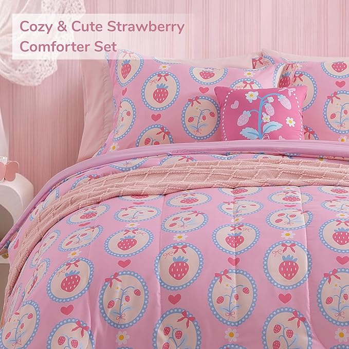 Full Size Comforter Set for Girls - 4 Pieces Pink Strawberry Full Bedding Sets for Kids,1 Comforter, 2 Shams and 1 Decor Pillow