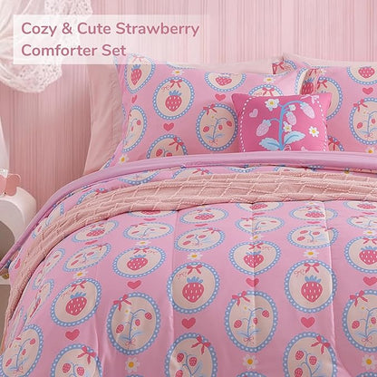Full Size Comforter Set for Girls - 4 Pieces Pink Strawberry Full Bedding Sets for Kids,1 Comforter, 2 Shams and 1 Decor Pillow