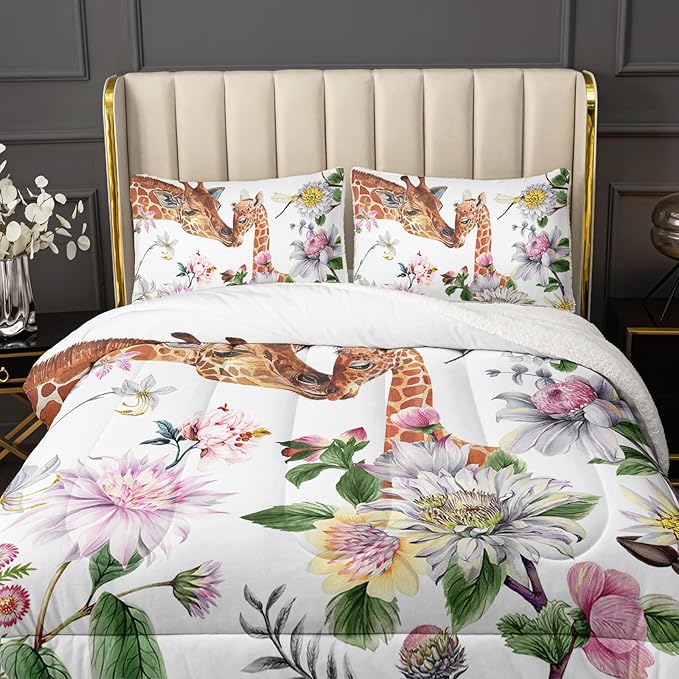 QOOMO Cartoon Giraffe Sherpa Plush Comforter Set, Twin Size 3 Pieces Animals Bedding Sets, Ultra Soft Cozy Fleece Bedding Set,Cute Bed Sets for All Seasons with 1 Comforter 2 Pillowcases