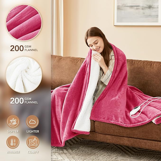 Homemate Electric Heated Blanket Queen Size - 84"x90" Heating Blanket Queen Size Dual Control 1/2/4/6/8 Hours Auto-Off 10 Heat Level Over-Heat Protection Flannel Sherpa ETL Certification