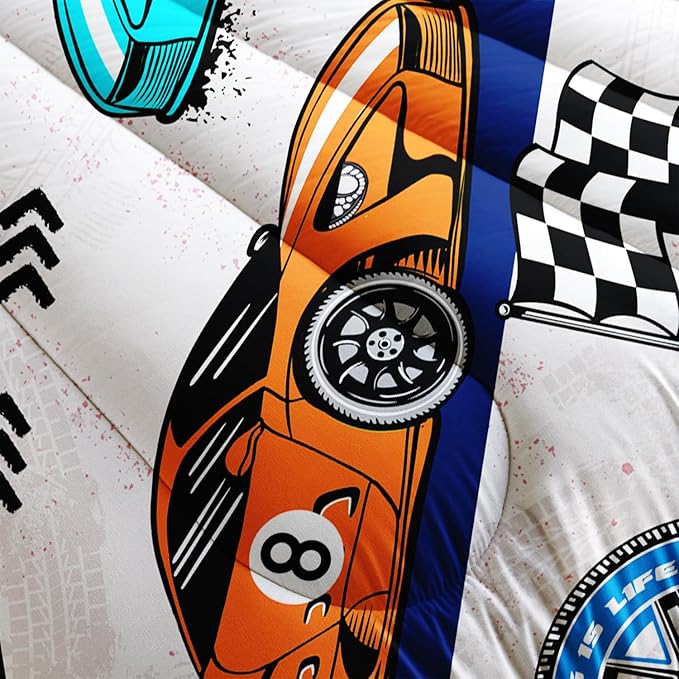 AILONEN Racing Car Comforter Set Full Size, Plaid Bedding Set for Kids Boys,Cool Speed Race Car Bed in a Bag 3 Pcs,1 Quilt and 2 Pillowcases,Soft Microfiber