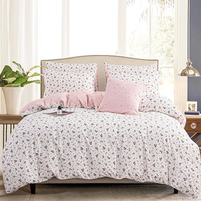 Duvet Cover King Floral 100% Brushed Microfiber 3 Pieces Fresh Chic Garden Style Pink Botanical Flower Printed Pattern King Floral Duvet Cover with Zipper Closure