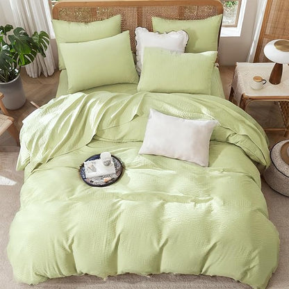 Duvet Cover Queen Set, Luxury Brushed Microfiber Double-Layer Crinkle Gauze Sage Green Duvet Cover, 3 Pieces Bedding for All-Season, Soft Breathable with Zipper Closure (No Comforter)